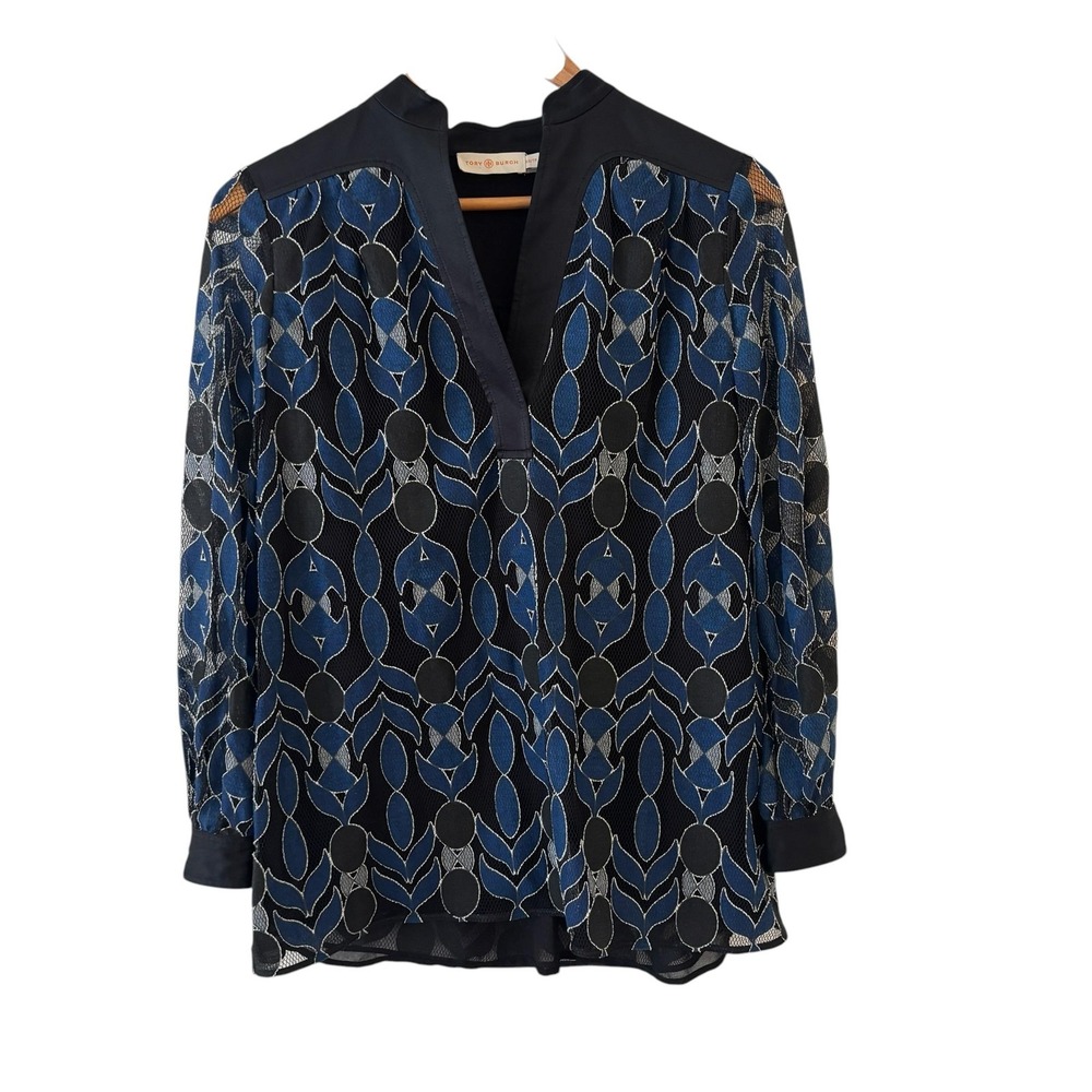 Tory Burch Harbor Split Neck Lace Tunic Top Womens XS Blue Black Embroidered